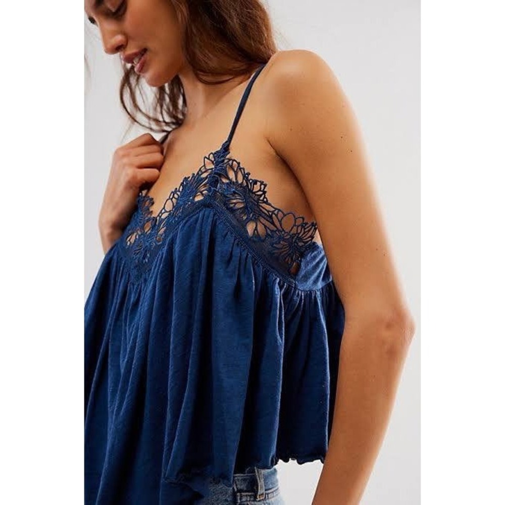 Free People Blue Kayla Tank Crochet Lace Babydoll Tank Top Large